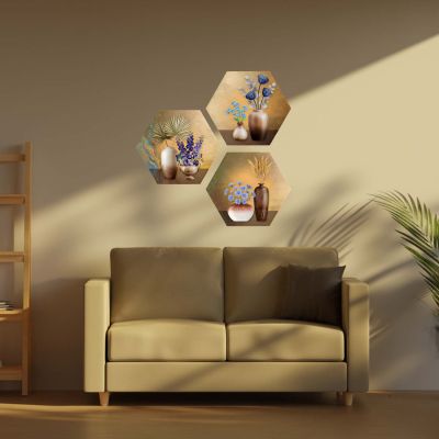 3 Piece Hexagon Shape Floral Theme Wall Art Decor for Living Room and Bedroom UV Textured MDF Home & Office Wall Decoration